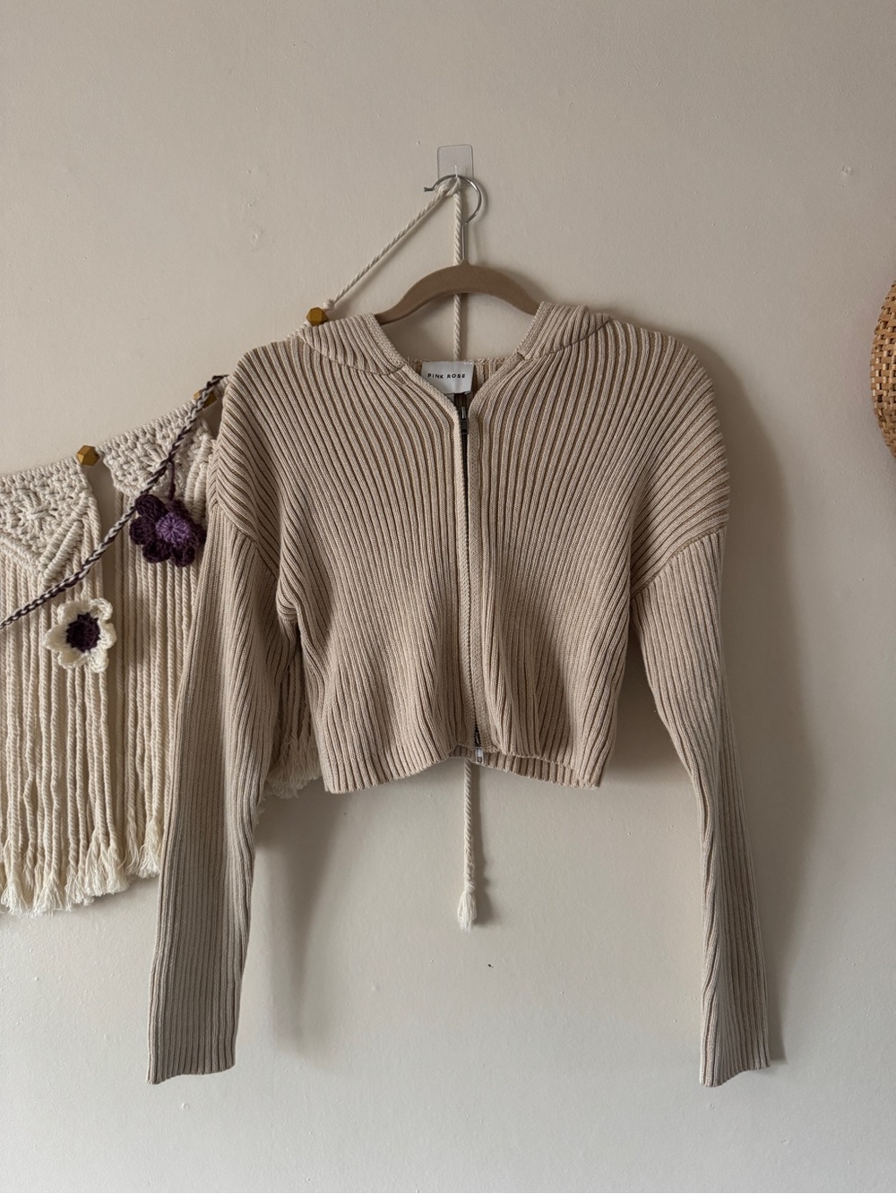Pink Rose Ribbed Zip-Front Hoodie in Beige